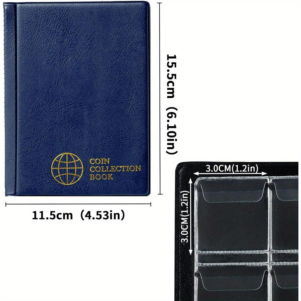 120-Pocket PVC Coin Collection Album with Clear Plastic Pages & Dark Blue Cover - Heavy-Duty Coin Holder Book