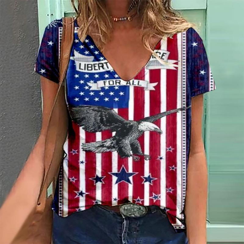 Sommer Damen 3D Digital bedrucktes V-Ausschnitt Kurzarm T-Shirt