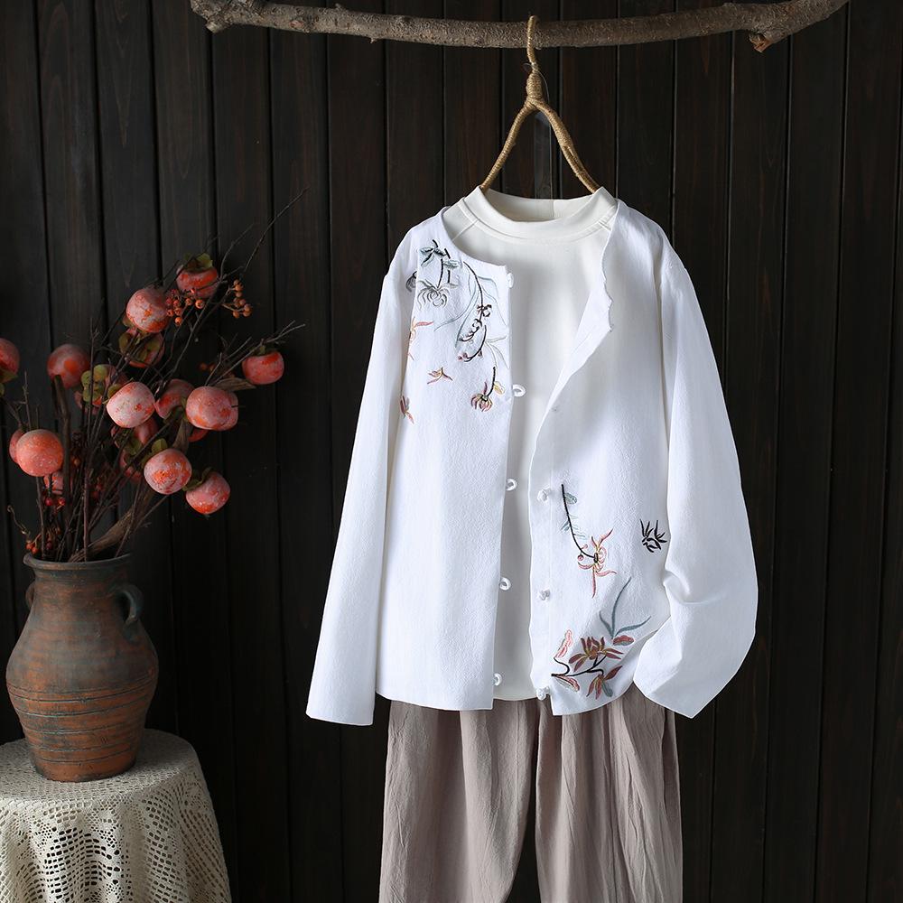 

Женский кардиган в китайском стиле с вышивкой и застежкой на пуговицы-лягушки - Весенний ретро-топ из хлопка и льна 5XL белый