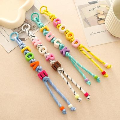 Dopamine Beaded Letter Braided Lanyard Keychain For Phone Case Women Anti Lost Knot Rope Strap Car Keyring Diy Accessories