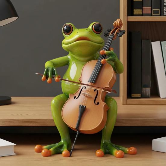 Yousheng Frog Musician Statue Hand-Engraved Frog Ornament with UV Coating Mini Resin Figurine Playing Musical Instrument Garden Decor