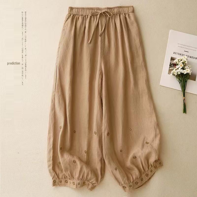 2026 Women s Retro Embroidered Elastic Waist Loose Cropped Pants XL (120-135 jin) хаки