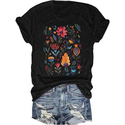 Women's Boho Flower T Shirt Vintage Flowers Printed Shirt Colorful Wildflower Graphic Tee Casual Botanical Short Sleeve