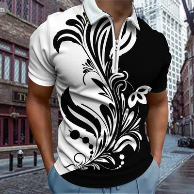 Lässiges T-Shirt mit Revers für junge Herren, modisches T-Shirt mit Reißverschluss, kurzärmeliges T-Shirt für Herren, T-Shirt mit 3D-Federblumen-Print