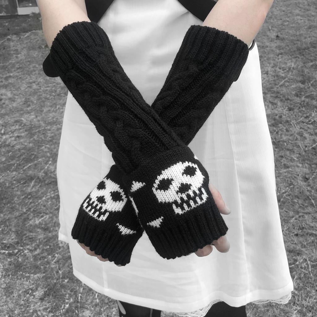Y2K Punk Harajuku Skelett Gothic schwarze gestrickte plissierte Handschuhe gepaart mit Ärmelstulpen für winterliche Wärme