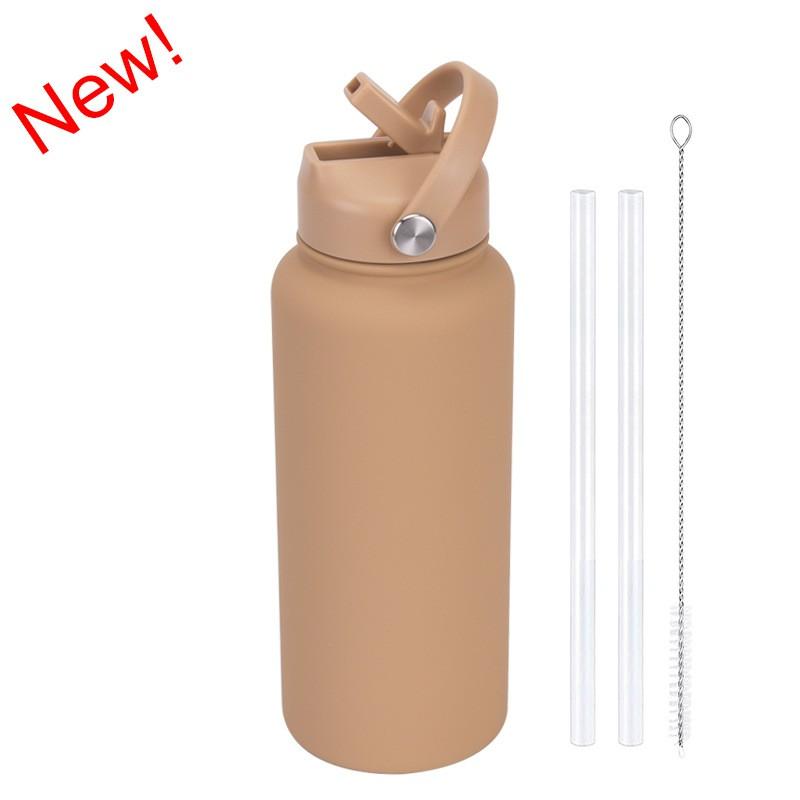 1L Stainless Steel Vacuum Insulated Water Bottle With Handle Straw Lid Outdoor Sports Travel
