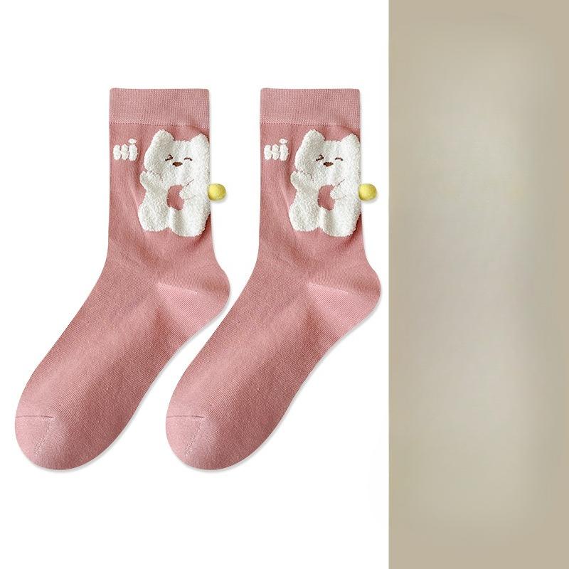 Cartoon Cute Plush Ball Animal Socks, Women's Mid-calf Socks, Trendy Pile Socks, Autumn and Winter Long Socks