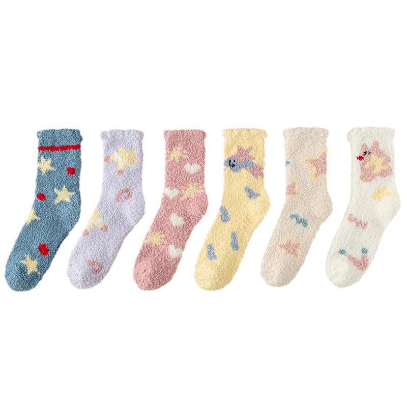 Cute Coral Fleece Socks Female Stars Cartoon Half Fleece Thickened Warm Home Floor Socks Medium Tube Confinement Women'S Socks