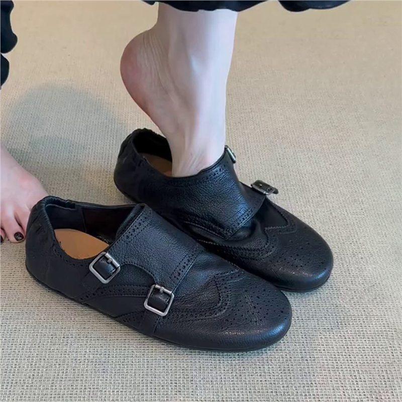 Версия из коровьей кожи~ Ретро Брок гравированные лоферы на одной педали универсальные туфли-лодочки для通勤, британские маленькие кожаные туфли 35