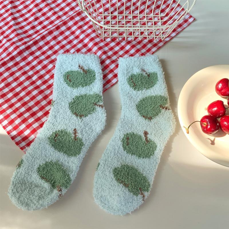 Autumn And Winter Coral Fleece Socks Women'S Fruit Cute Girl Medium Tube Floor Socks Women'S Fleece Thickened Sleep Confinement Socks