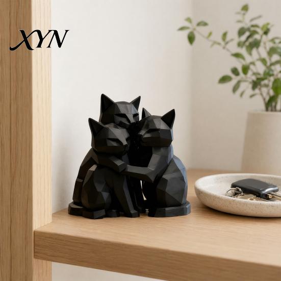 Animal Shape Sculpture 3D Printed Black Cat Figurine, Three Hugging Geometric Statue, Modern Statue for Home Office Bookshelf