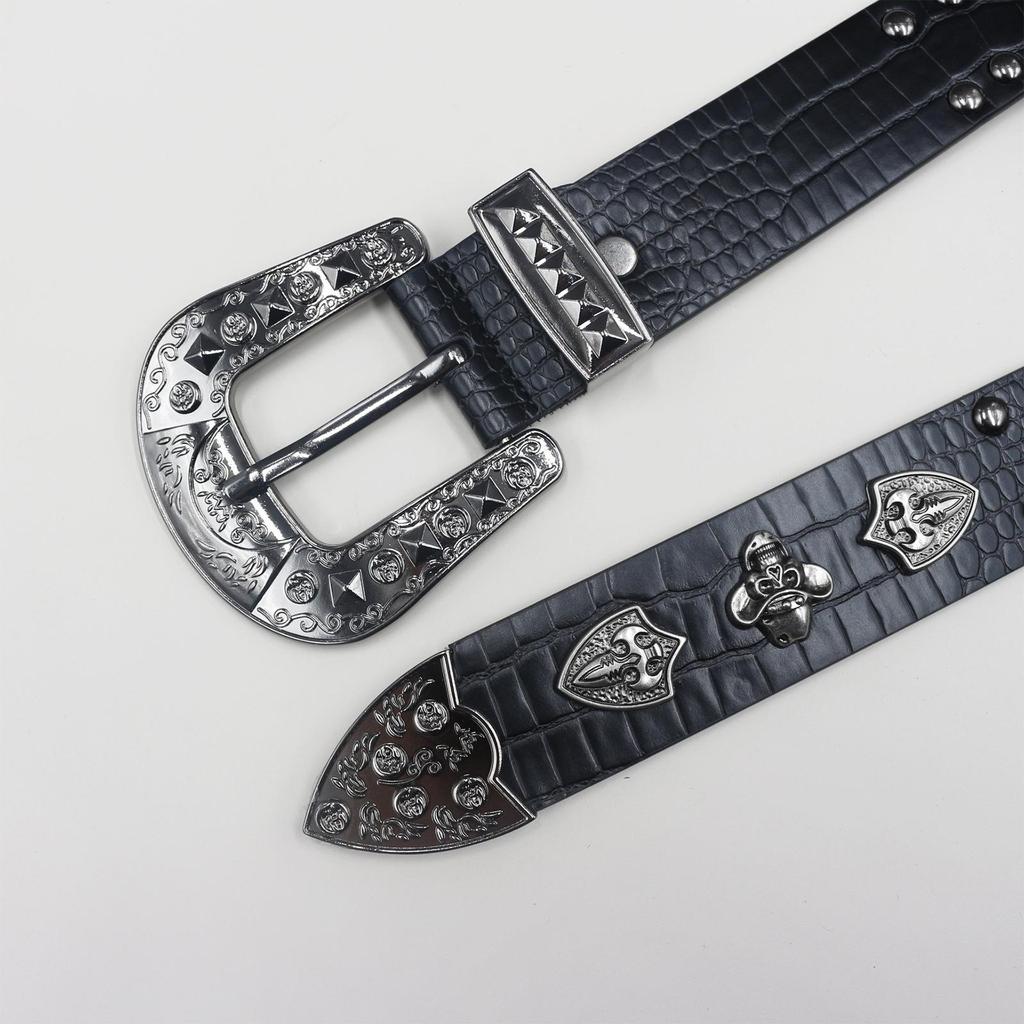 Crocodile Pattern Western Rivet Skull Leather Belt – Unisex Punk Y2K Style