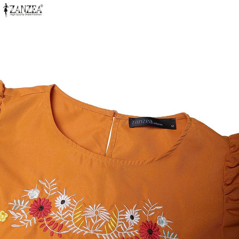 ZANZEA Women Casual Round Neck Loose Floral Embroidery Short Sleeve Dress