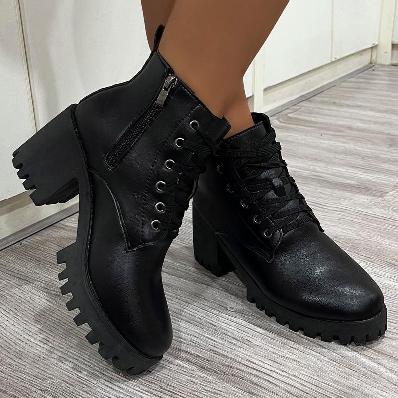 Fashion Winter New Fashion Comfortable Elegant Square with Women's Shoes Side Zipper Round Head Solid Simple Thick Heel Boots