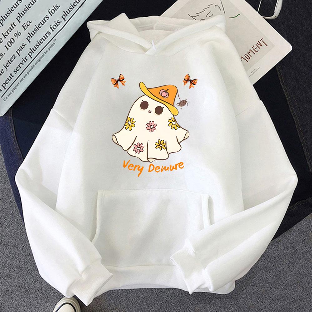 Not Too Spooky Very Demure Hoodies Cartoon Halloween Print Sweatshirt Ghost Print Top Men Women Clothes Long Sleeved Top