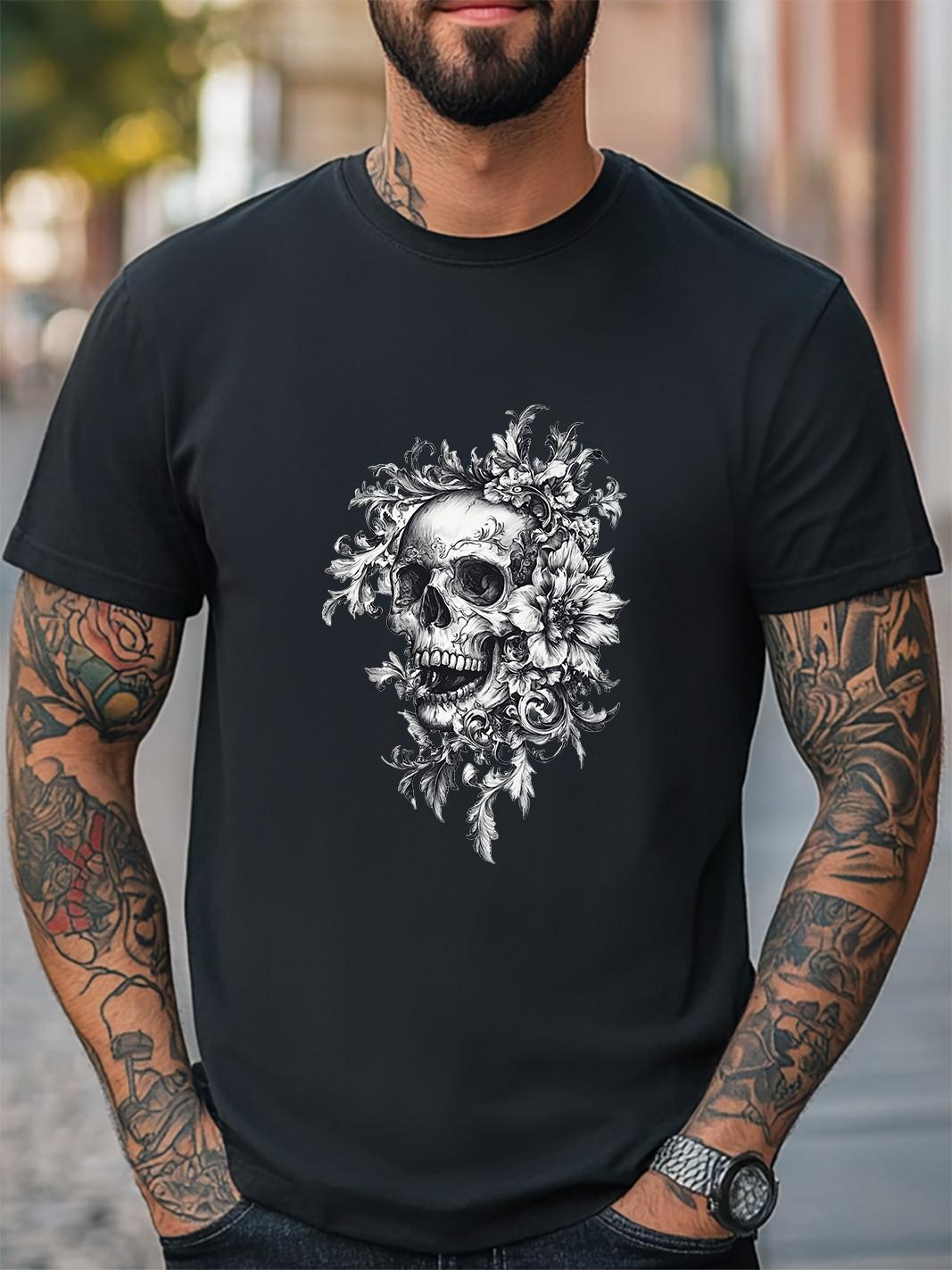 Floral Skull Art Graphic Women Men T-Shirt Trendy Tee Fashion Casual T-shirt S разноцветный