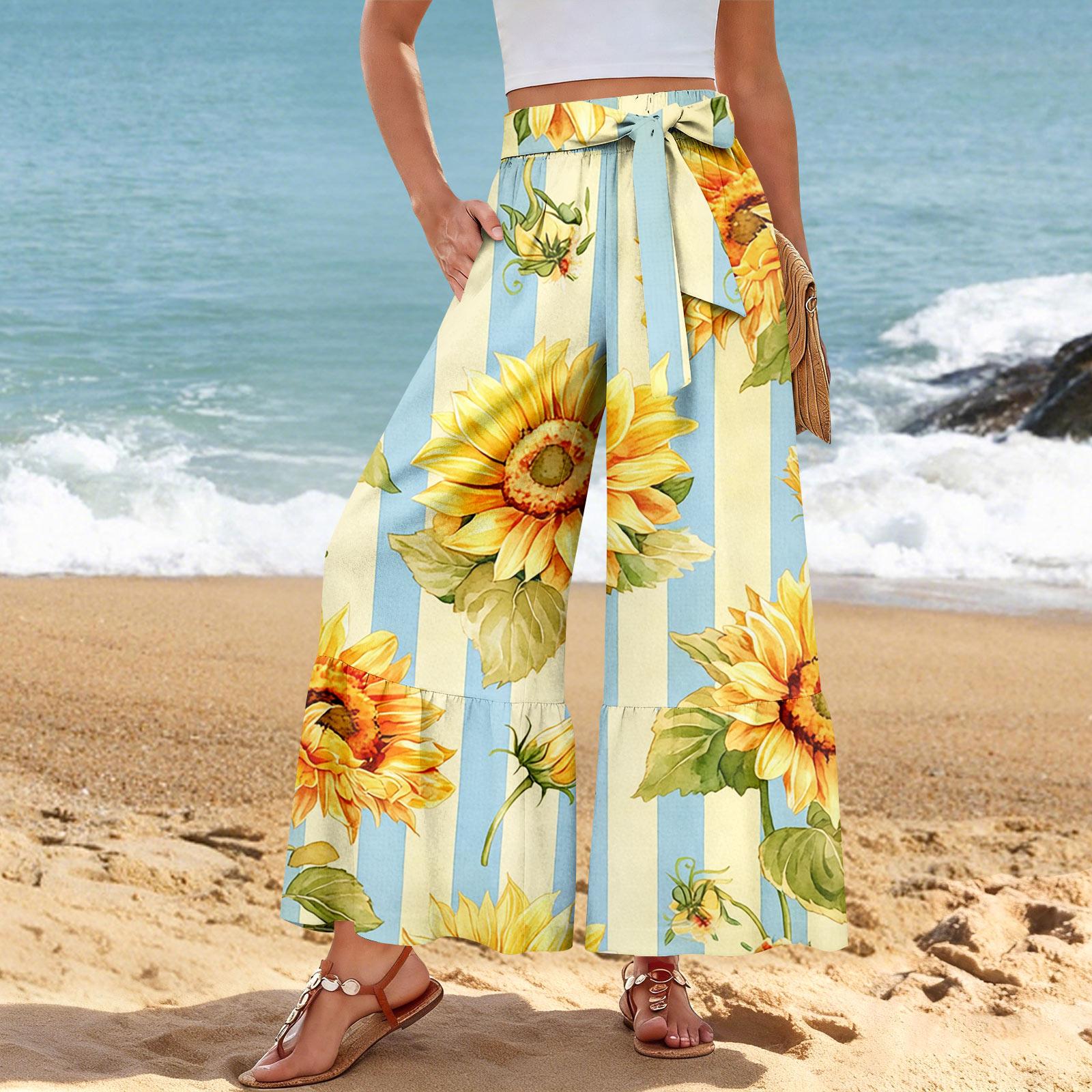 Women s Wide-Leg Casual Pants, Stretch, High Waist, Ruffled Hem, Wide Legs, Belted, And Pockets XL жёлтый