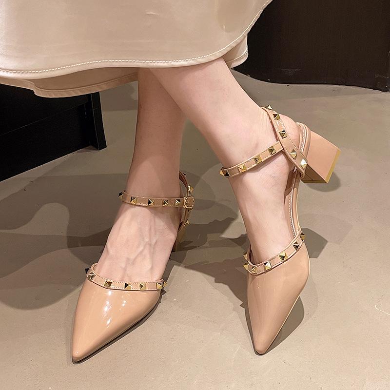 Rivet High Heels Hollow Medium Heel Comfortable Single Shoes Pointed One-word Buckle Willow Bag Head Sandals Women's Thick Heel