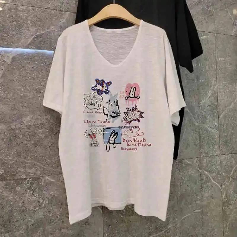 Bamboo Cotton V-neck Short-sleeved T-shirt Women Summer Wide Slightly See-through Versatile Casual Bottoming Printed Tops