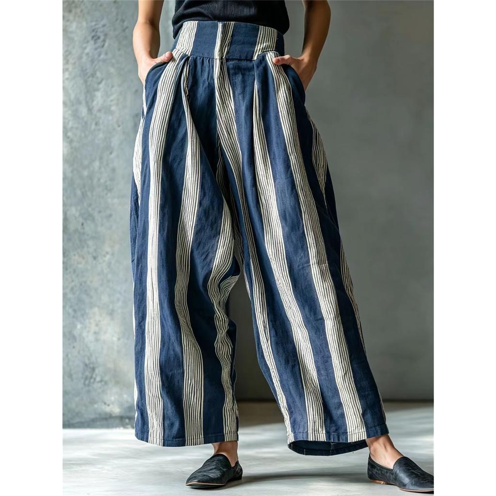 Women Striped Linen Wide Leg Pants High Waist Pleated Loose Trousers Casual Bohemian Harem Pants