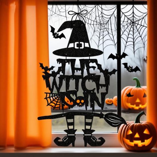 Halloween Witch Door Sign Spooky Witch Leg Hat Broomstick Front Door Hanging Decor Farmhouse Witch Welcome Sign for Home Wall Indoor Outdoor Decor