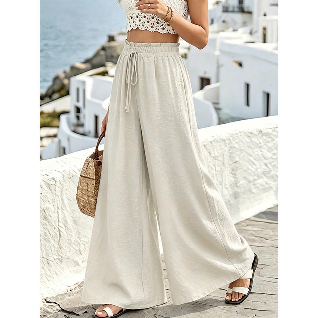 Women Loose Wide Leg Pants Elastic Waist Drawstring Trousers Casual Vacation Straight Leg Palazzo Pants