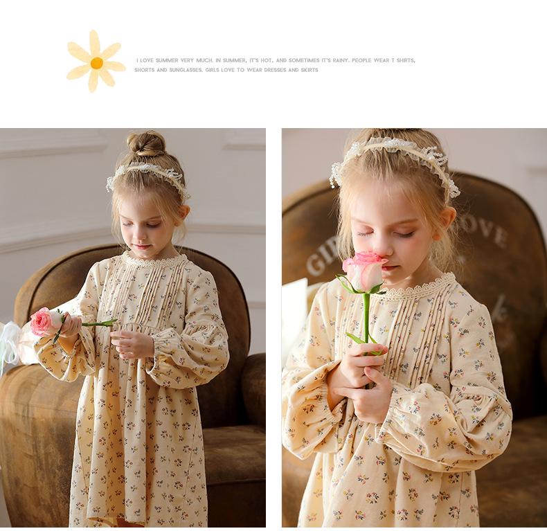 Spring 2026 Korean Forest-Style Floral Print Dress with Pleated Stand Collar, Puff Long Sleeves, and Lace Accents for Girls