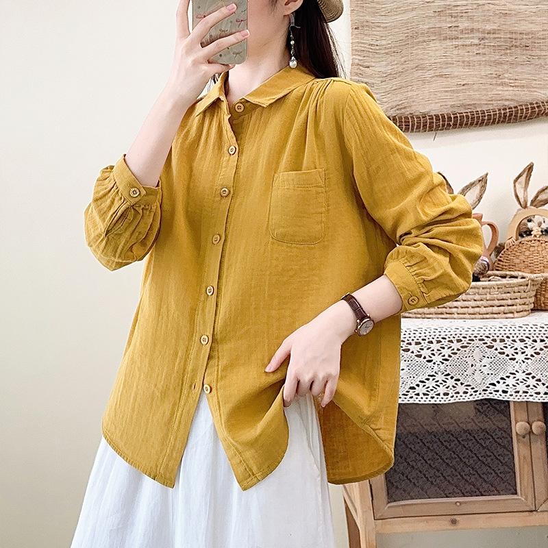 New spring and autumn pure cotton double-layer cotton yarn long-sleeved shirt women's loose and thin temperament casual literary and retro style shirt