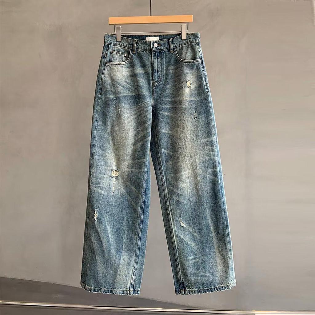 Men's Washed Distressed Wide-Leg Jeans - Retro American Street Style, Floor-Length, Perfect for Spring and Autumn