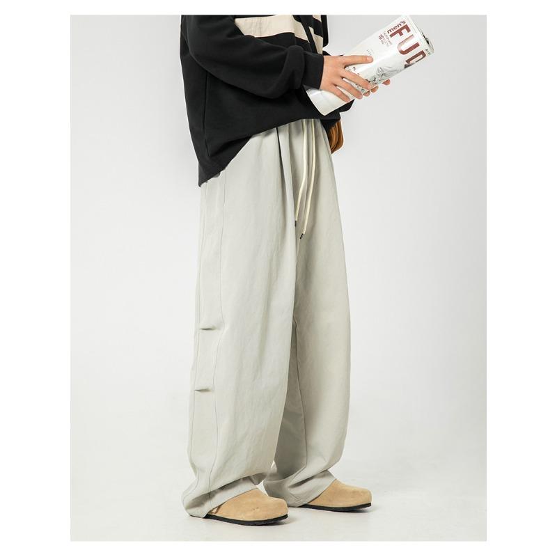 Men S Pleated Loose Straight Leg Casual Trousers Drawstring Waist Retro Pants