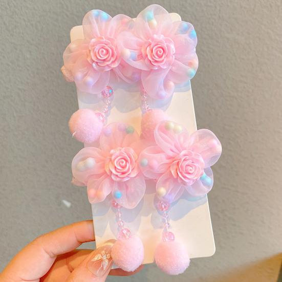Hair Tie Soft Organza Flower Shape Hair Rope with Plush Tassels Imitation Pearls Decor High Elastic Band Bun Holder Hair Accessories