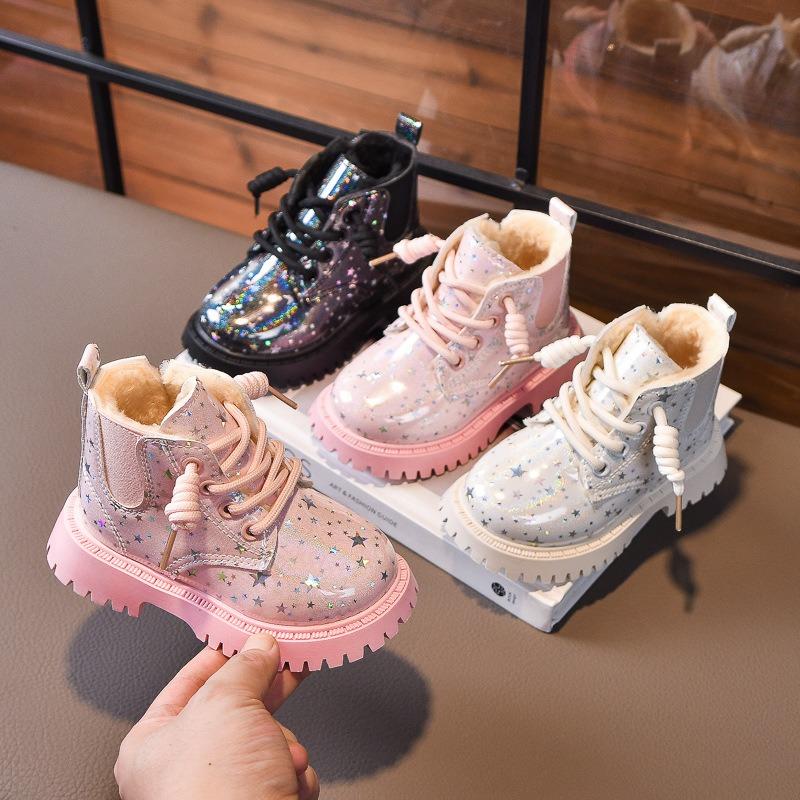 Girls' Fashion Martin Boots, Winter New Arrivals Children's Fleece-lined Boots, Versatile Soft-Sole Warm Low-Cut British Style Boots.