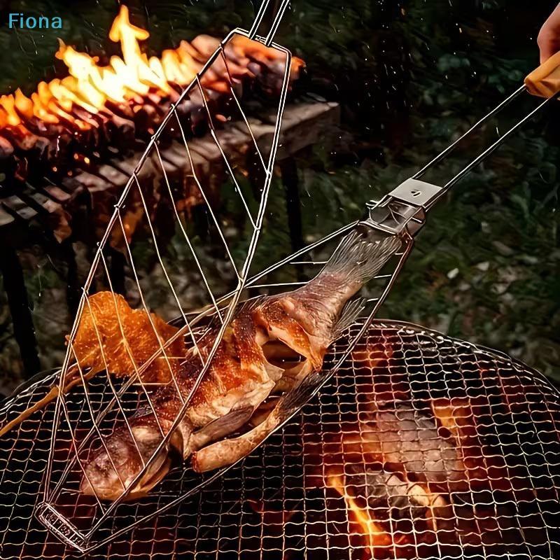 Cestello Grigliata Pesce in Acciaio Inossidabile, Supporto Pesce BBQ Antiaderente con Manico in Legno per Campeggio Esterno e Barbecue