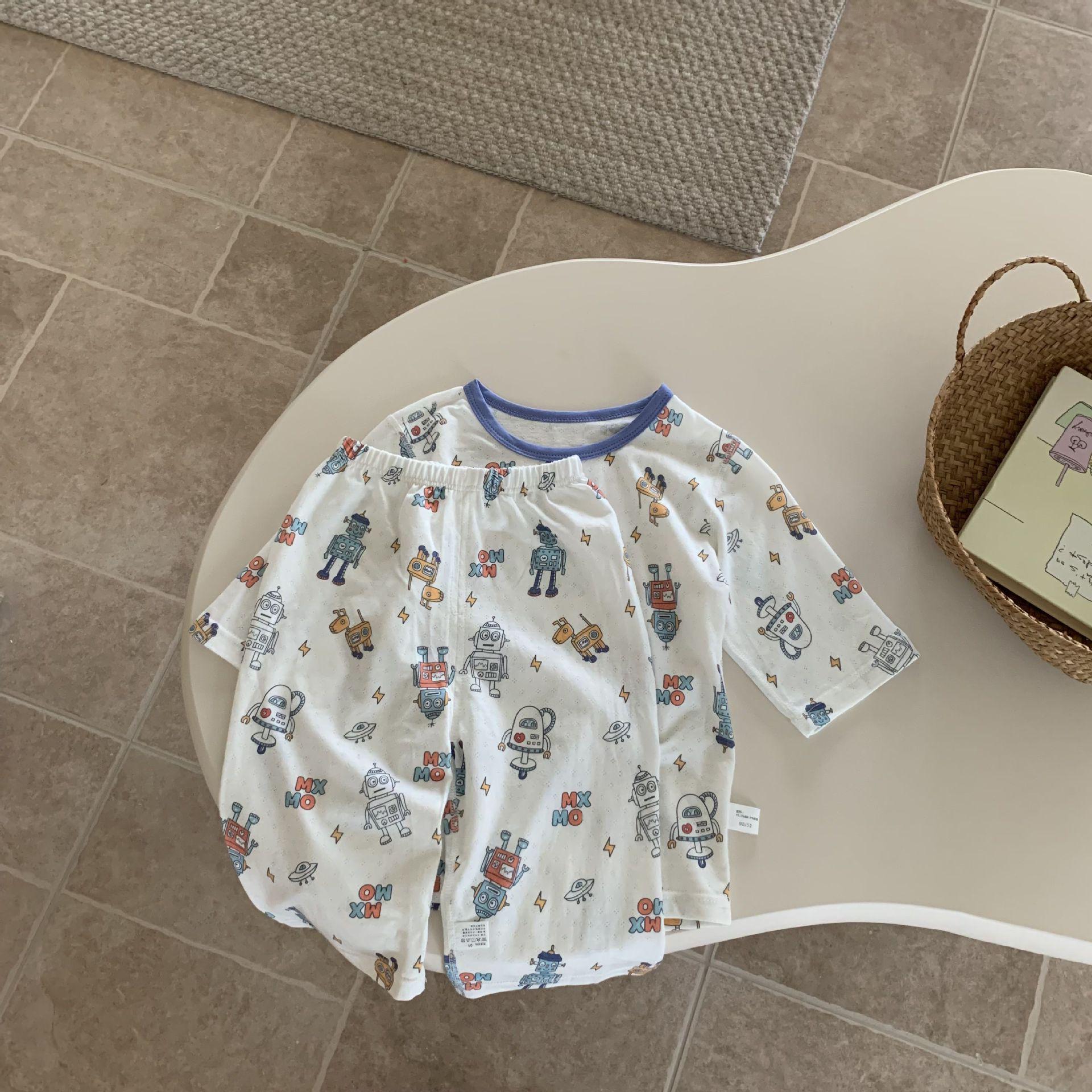 

Детский летний пижамный комплект с кондиционером: Легкий хлопок, рукава 3/4 и брюки, принты для мальчиков, пижамы для девочек