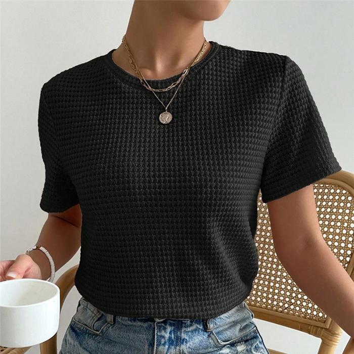 Ladies Summer Short Sleeve Round Collar Solid Color Loose Pullover Casual Knitted T Shirt Top