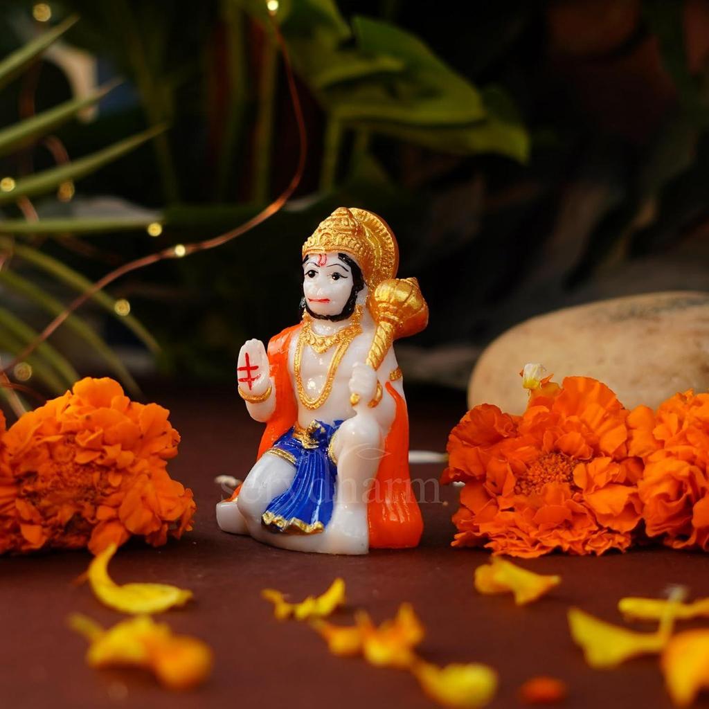 Hanuman Ji Murti Resin Idol Car Dashboard Blessing with Gada Sitting Lord Balaji Bajrangbali Sankat Mochan Bhagwan for Temple