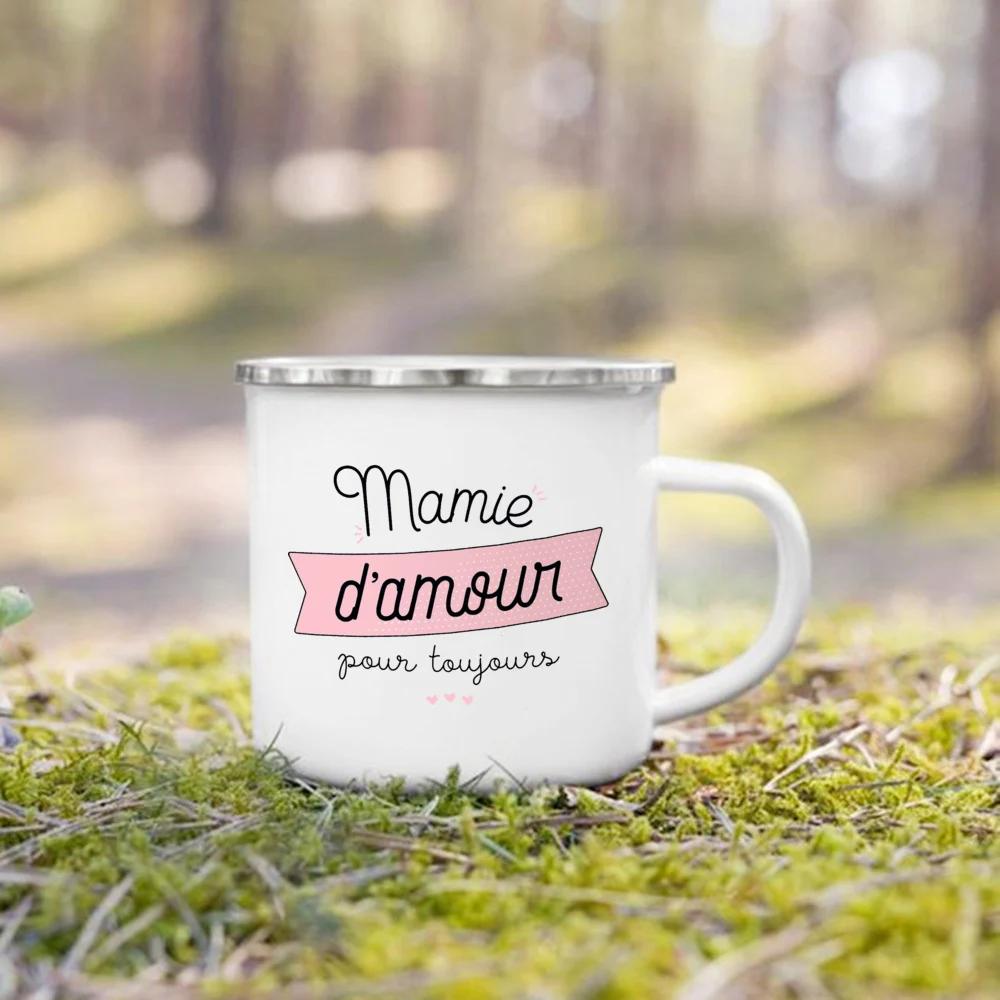 Französischer Druck Emaillebecher Kreative Kaffeetassen Getränke Wasser Milchbecher Emaillebecher Heimgetränkegeschirr Geschenk für Oma Opa Tante Onkel