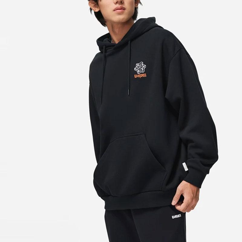 Li Ning Sports Lifestyle Series Pattern Printed Hooded Fleece Loose Pullover Sweatshirt Unisex sweatshirt Black AWDT897-3