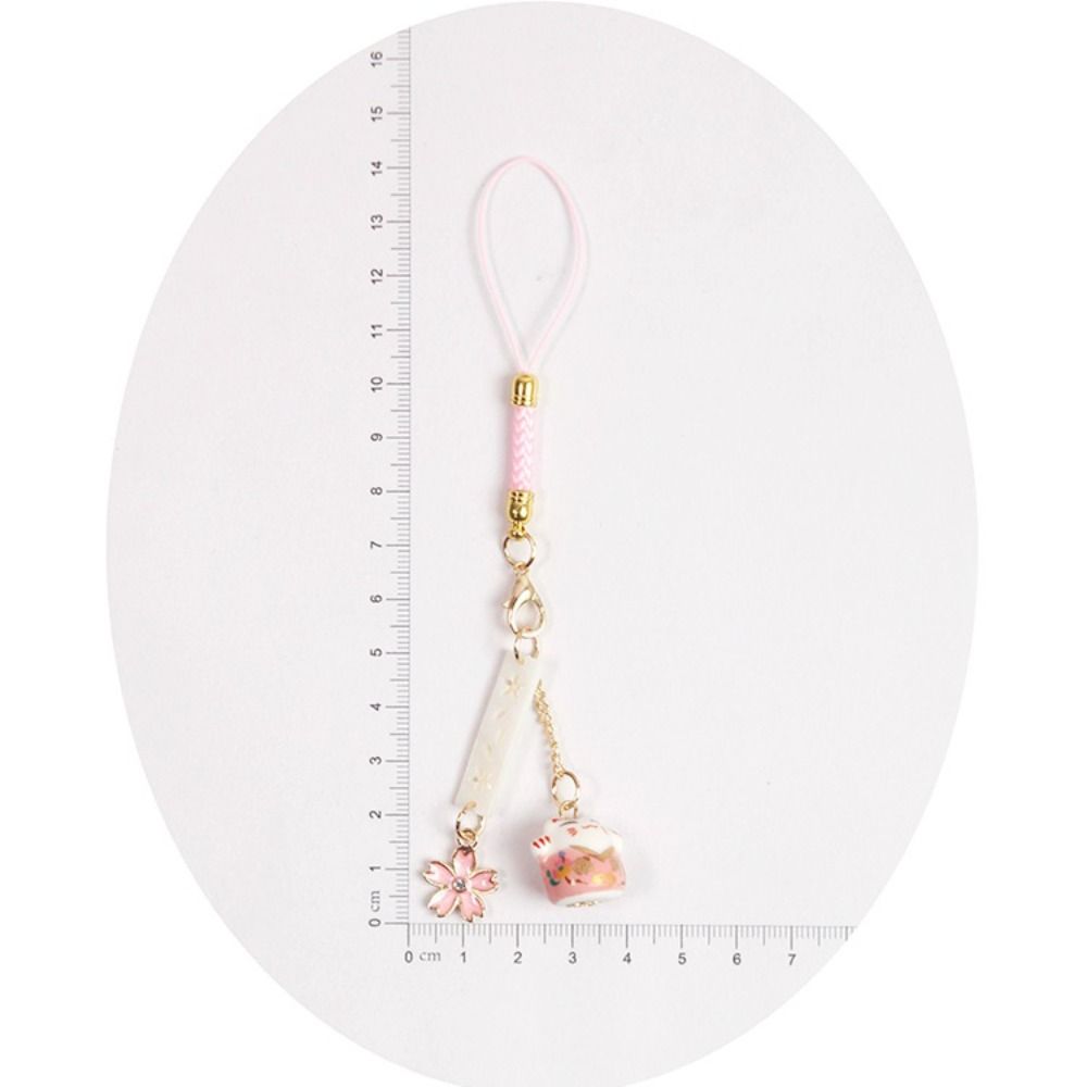 Ceramics Sakura Lucky Cat Phone Lanyard Braided Rope Lucky Cat Keychain Wrist Rope Cherry Blossoms Japanese Style