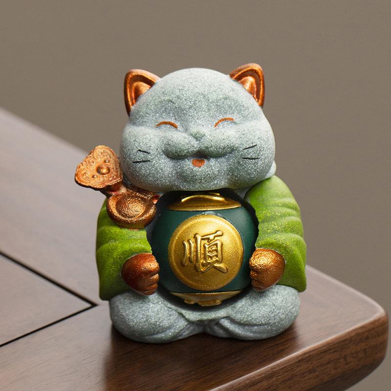 Sandstone Lucky Cat  sculptures and figurines Chinese characteristic ornaments Home, Room Office Car Wealth Luck Feng Shui Decor