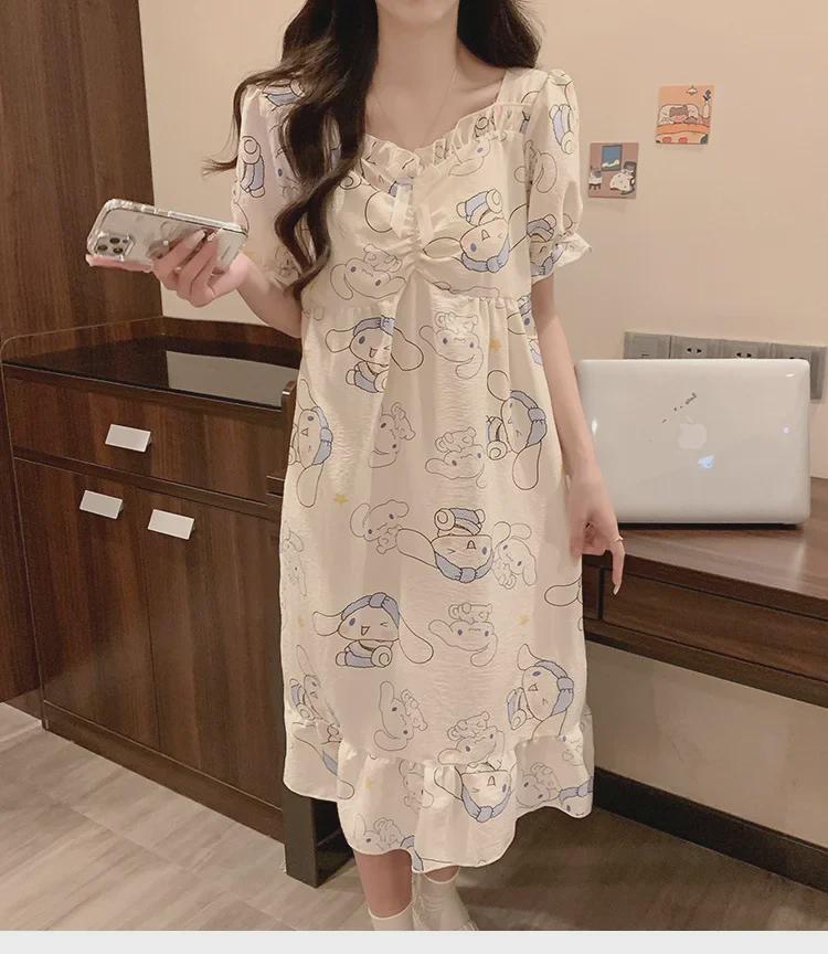 2024 Sommer-Kurzarm-Nachthemd mit Brustpolster – Niedlicher Wolken-Baumwoll-Cartoon-Prinzessinnen-Stil