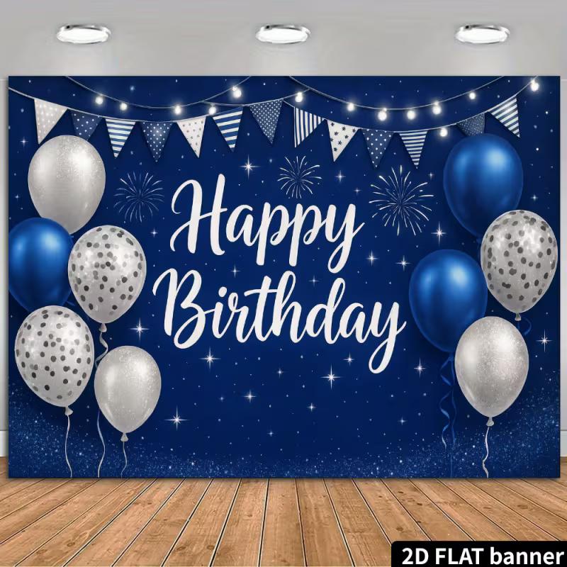 

2D Navy Blue Happy Birthday Backdrop - Sparkling Balloon Banner for Birthday Party Photoshoot 47.2x31.5inch/120*80cm