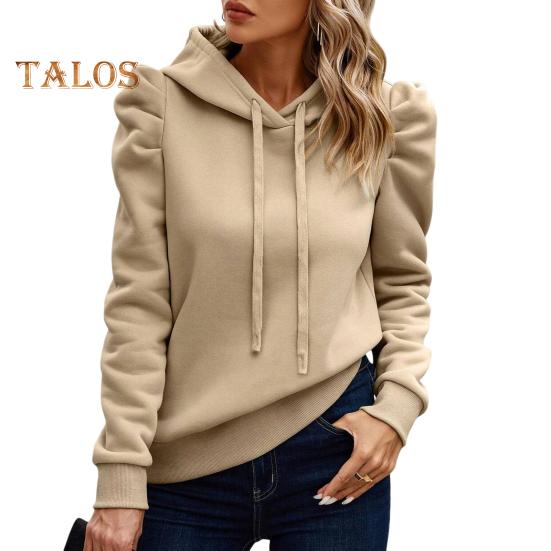 Осень-весна женская толстовка свободная однотонная накладным карманом с длинными рукавами и складками на рукавах толстый теплый пуловер повседневная повседневная одежда топ L хаки