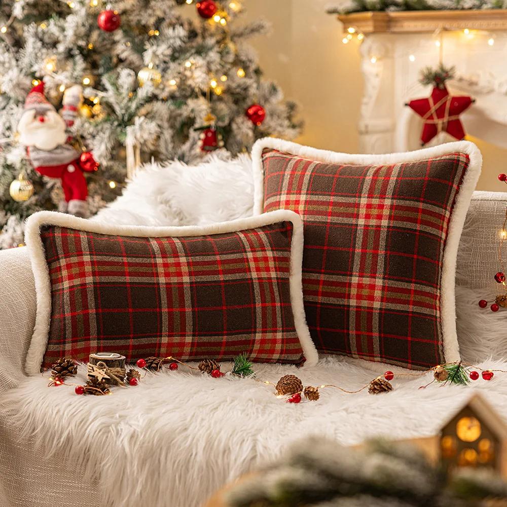 

New Christmas Plaid Plush Edge Pillowcase, Winter Imitation Rabbit Fur Living Room Sofa Cushion New Christmas Party Decoration 30x50cm красный