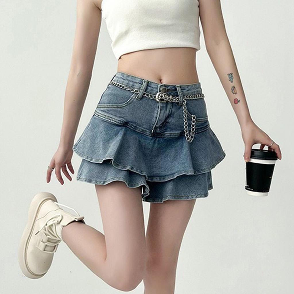 Ladies' Blue Denim Pleated Skirt, Half-length Culottes