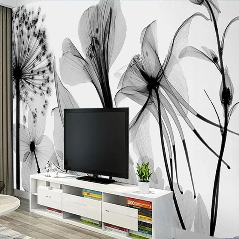 Modern Hand Painted Wallpaper Black And White Dandelion Flowers Mural 3d Abstract Living Room Wall Painting