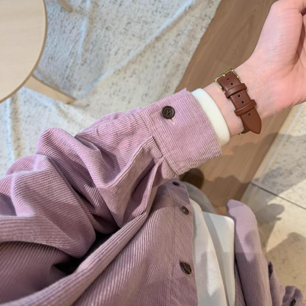 Women's Retro Purple Corduroy Shirt: Loose Fit, Korean Style, Ideal for Spring, Autumn, and Winter Layering