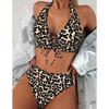 Dámská bikiny sada s výstřihem do V bez rukávů s leopardím potiskem Sexy push-up dvoudílná sada Plavky se zvířecím potiskem