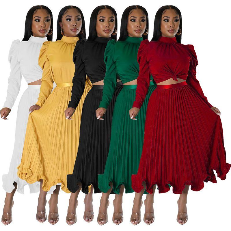 

2023 Women s Bubble Sleeve Top Ruffle Skirt Pleated Skirt Gold XL