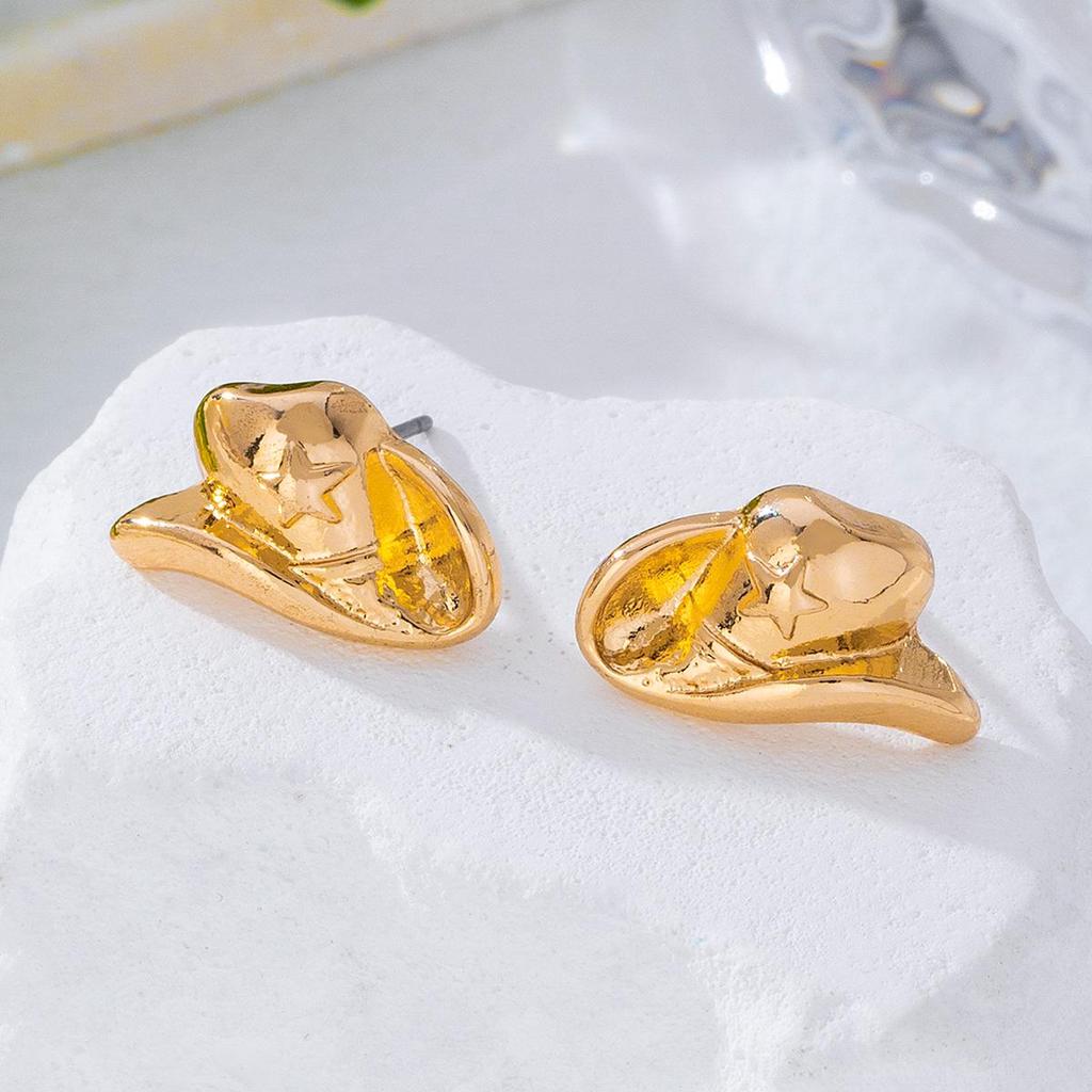 Stylish Gold Retro Denim Hat Earrings: Unique Niche Design with Light Luxury Backs